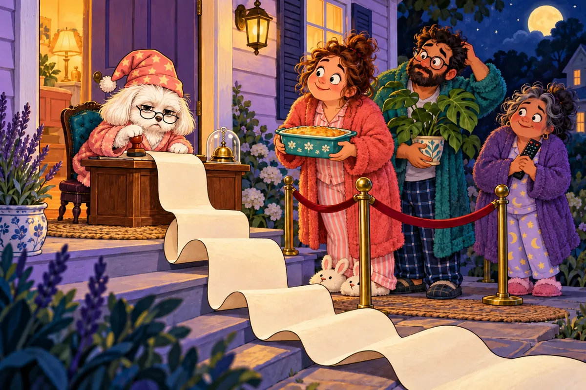 An unimpressed little white Maltese dog clerk at a tiny porch desk stamps an endless form while relatives wait with a casserole and television remote.