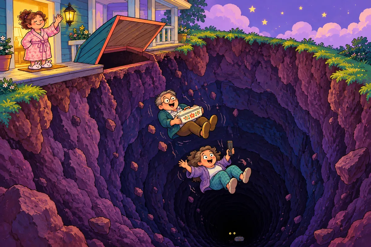Mom waves goodnight from her glowing porch while two oblivious relatives, still holding a casserole and remote, descend into an impossibly deep, dark cartoon pit.