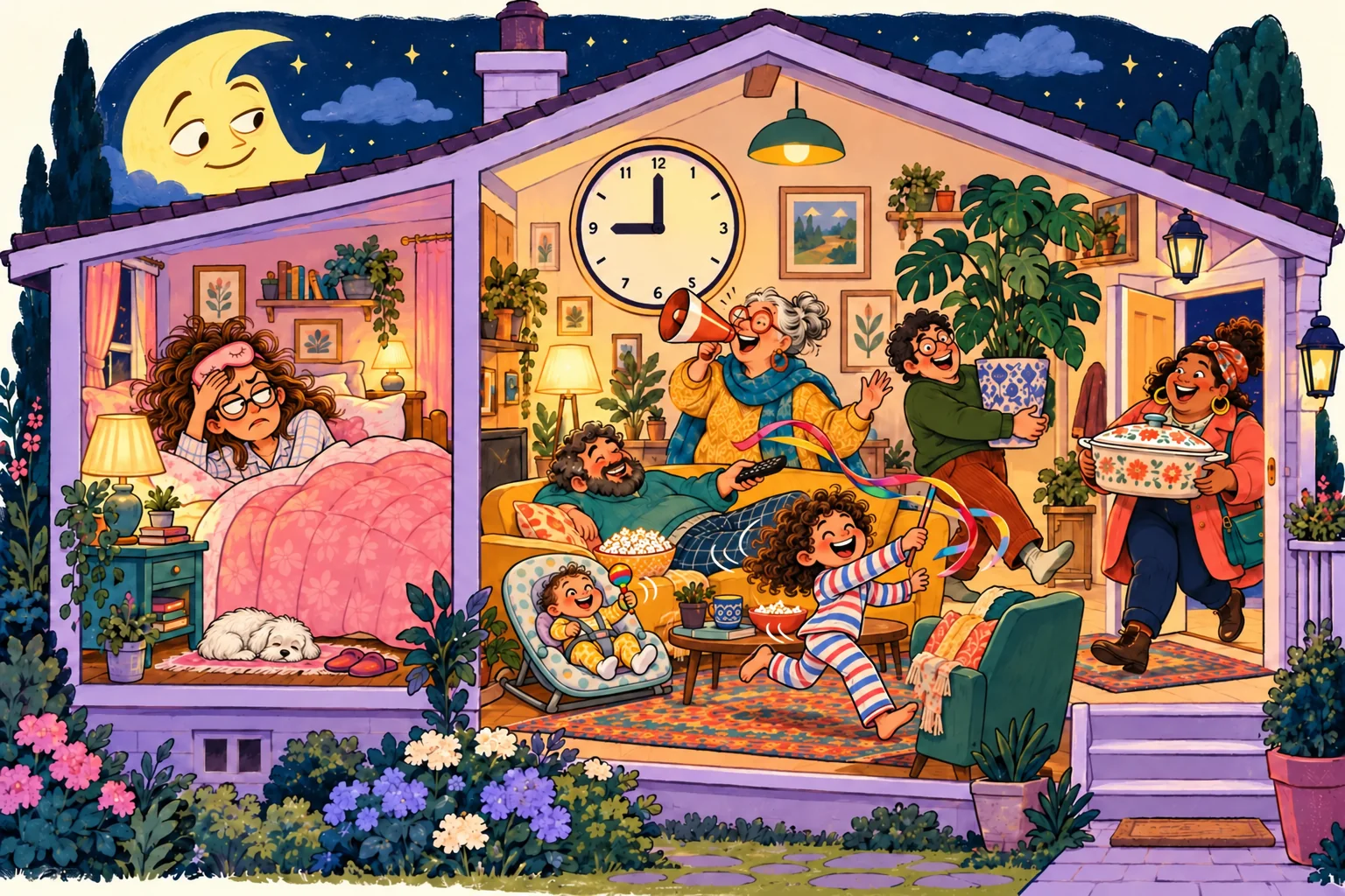 A frazzled Mom glares from bed as four grown-ups take over her house, a six-month-old baby shakes a rattle in a secure infant seat, and a seven-year-old runs with a ribbon toy. Her little white Maltese rests beside the bed.